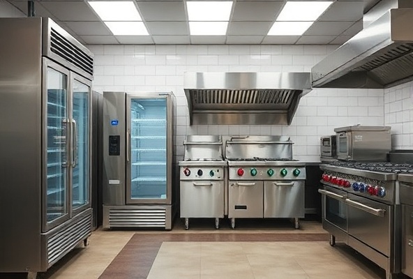 Commercial kitchen equipment including refrigerators, fryers, and exhaust hoods