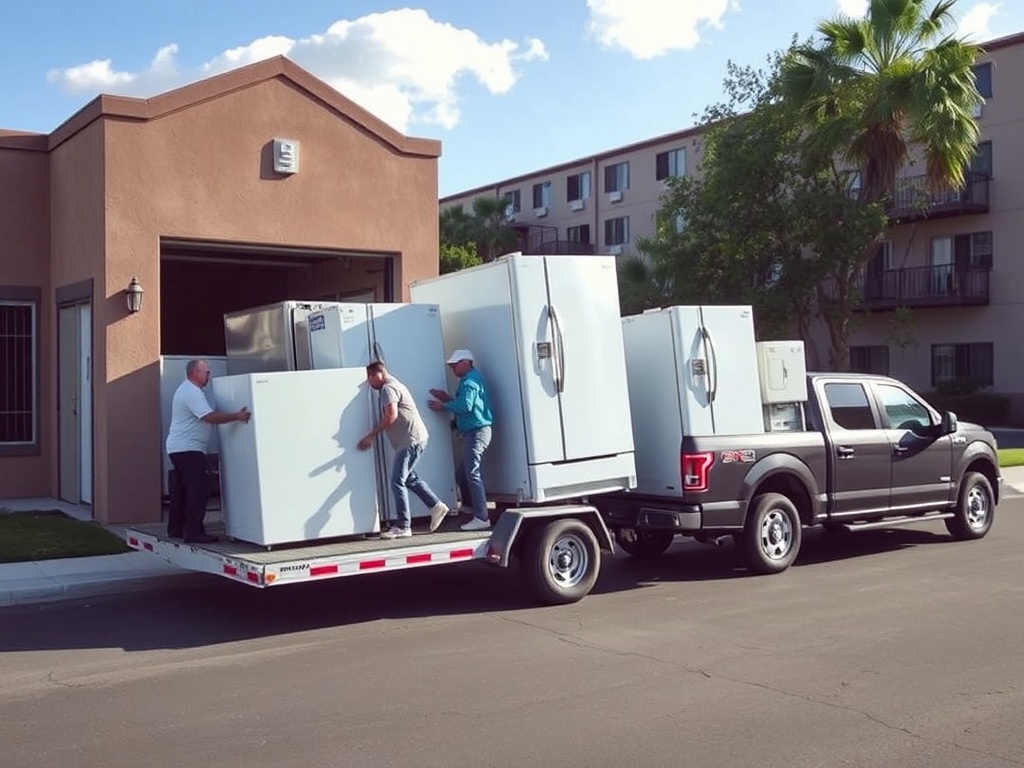 Professional appliance removal team loading appliances onto a trailer on a pickup truck from apartment complex maintenance shop