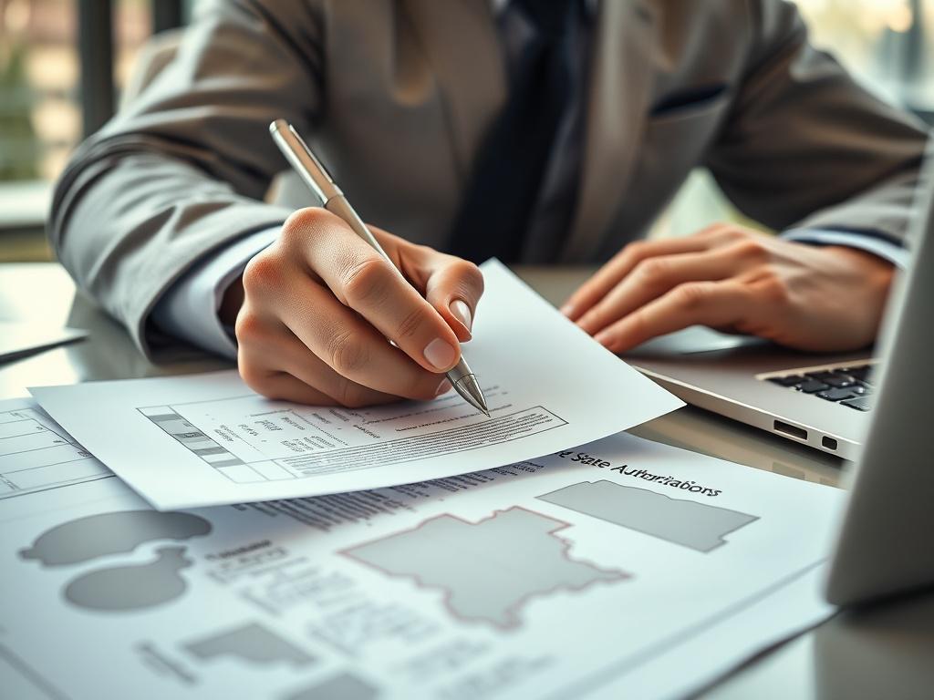 A close-up shot of a professional consultant reviewing official documents related to state authorizations. The setting is a modern office with natural light, emphasizing clarity and focus on the paperwork. The consultant's hands are visible holding a pen, poised to sign, with a laptop and a state map subtly visible in the background. The image uses a 45mm f/1.2 lens style to create a hyper-realistic, sharp focus on the hands and documents, with a color scheme compatible with rgb(50, 170, 39).