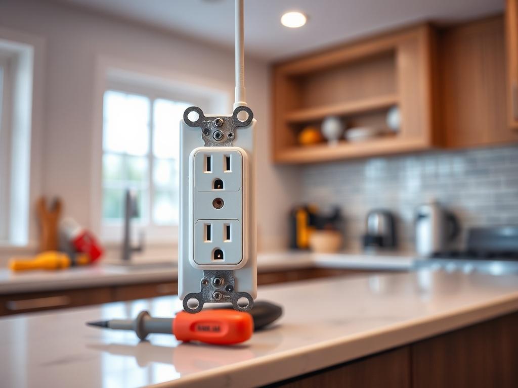 A hyper-realistic close-up shot of a newly installed GFCI outlet in a modern kitchen, showcasing safety features and a clean, professional installation. The electrician's tools should be subtly included in the background, with a focus on the outlet, using a 45mm f/1.2 lens style.