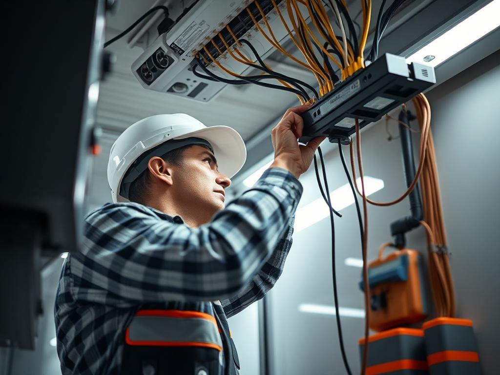 A hyper-realistic close-up shot of a commercial electrical installation, featuring an electrician working on high-quality fixtures in a business environment. The scene should highlight the professionalism of the work being done, with tools and safety gear in view, captured with a 45mm f/1.2 lens style.