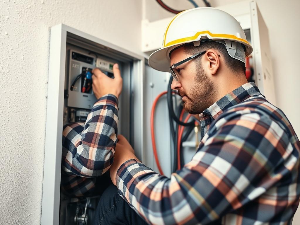 A hyper-realistic close-up shot of a residential electrical panel being inspected, showcasing a professional electrician in action, with tools visible and a focus on safety compliance. The background should be softly blurred to emphasize the electrician at work, using a 45mm f/1.2 lens style.