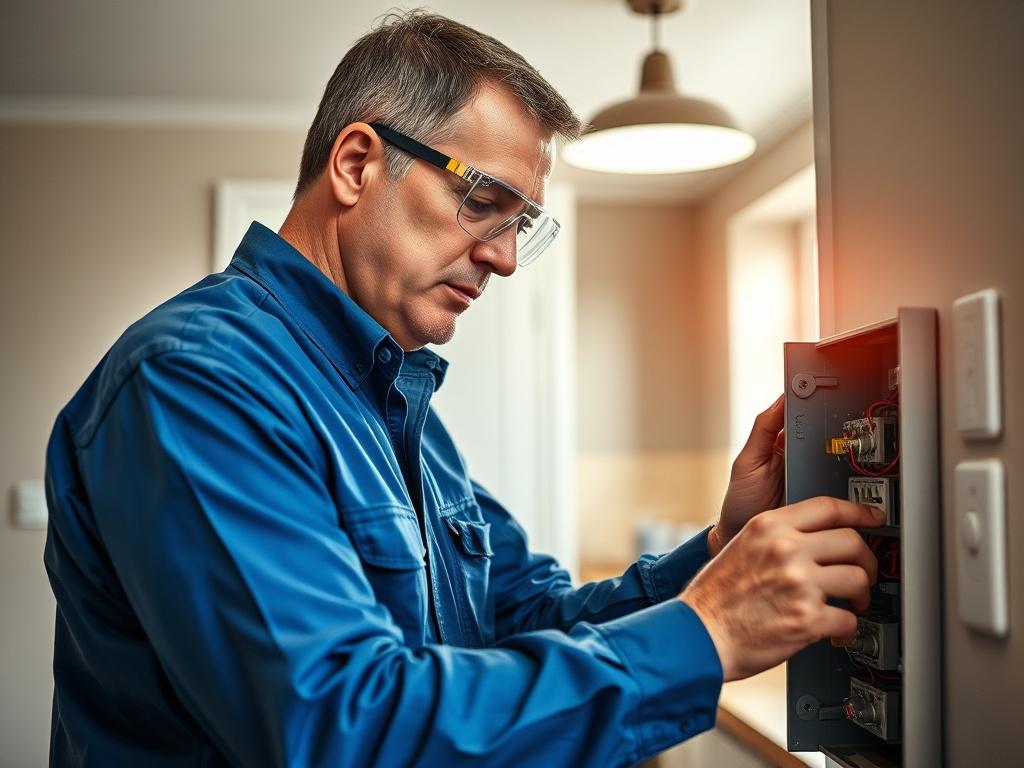 Create a realistic high-resolution image focused on the subject of a skilled electrician at work in a residential setting. The electrician, a middle-aged individual wearing a blue work shirt and safety goggles, is shown intently inspecting an electrical panel. The composition is simple and clear, with the electrician as the sole subject, positioned in the center of the frame, showcasing their expertise and dedication to safety.

The background features a well-lit, modern kitchen with subtle elements indicat