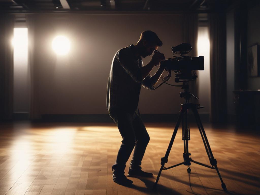 A skilled videographer in a dimly lit studio, capturing dynamic footage of an artist performing. The videographer is focused on their camera, showcasing intense concentration. The background features soft shadows and dramatic lighting, enhancing the atmosphere of creativity. The scene is rich in contrasts, emphasizing the artistry of the moment. The videographer is dressed in a stylish, casual outfit, highlighting their role as a contemporary creator.