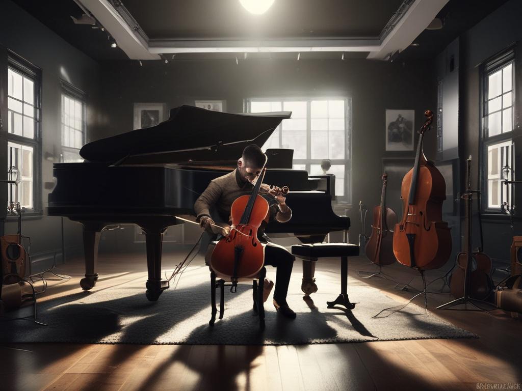 A lone creator in a dimly lit studio, surrounded by