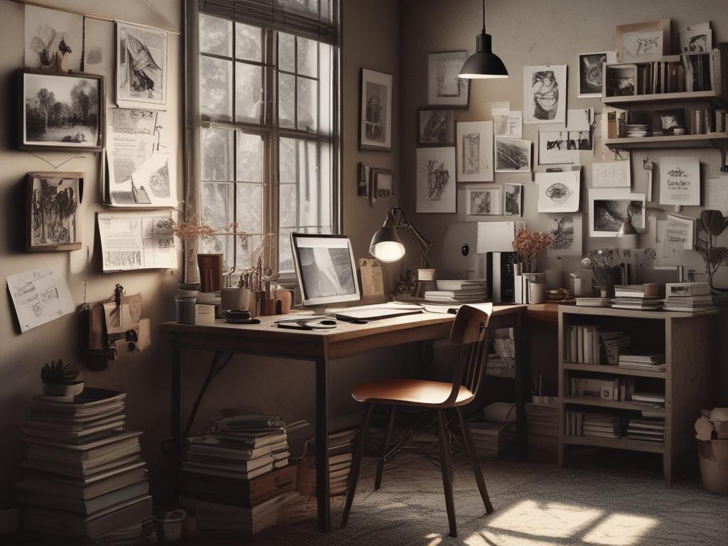 An artistic workspace filled with notes, sketches, and mood boards,