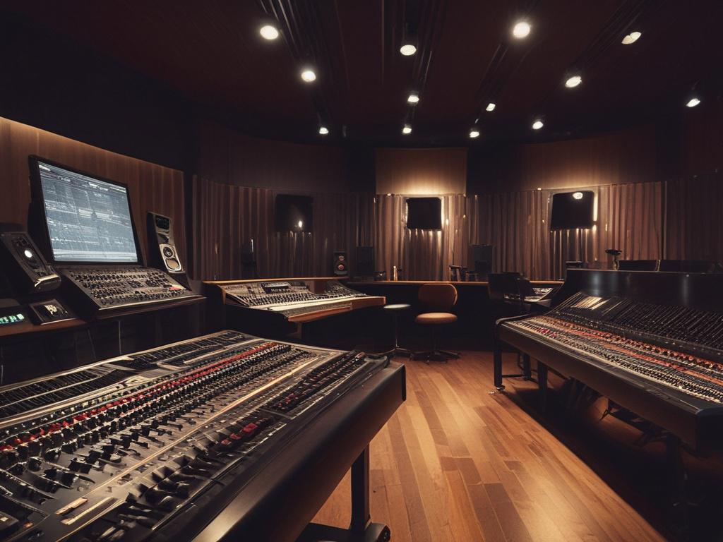 A close up of a professional music studio, featuring a