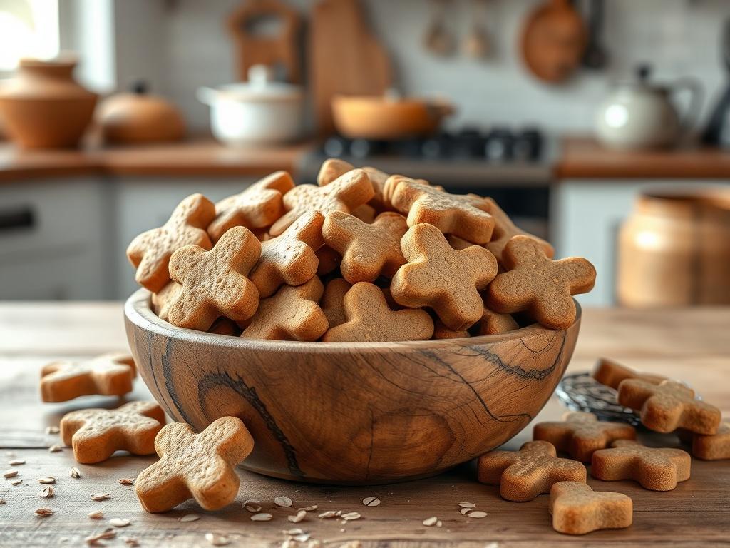 A rustic wooden bowl filled with an assortment of all-natural homemade dog treats, showcasing various shapes like bones and hearts. The treats are made from wholesome ingredients like oats, peanut butter, and pumpkin, with a few scattered around the bowl. The background features a cozy kitchen setting with soft, natural lighting, enhancing the earthy tones and textures. The overall atmosphere is inviting and warm, perfect for a pet-friendly environment.