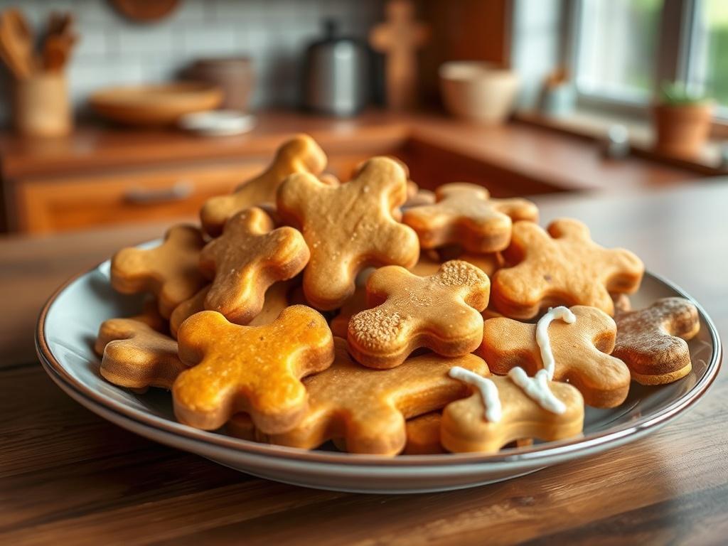 A close-up of a beautifully arranged plate of customized dog treats, featuring different shapes and flavors tailored for various dogs. The treats include ingredients like sweet potato, chicken, and cranberry, with a subtle glaze on top. The background is a soft, blurred image of a warm, welcoming kitchen, highlighting the homely and personalized nature of the treats. The colors are vibrant yet earthy, creating an appealing visual for pet owners.