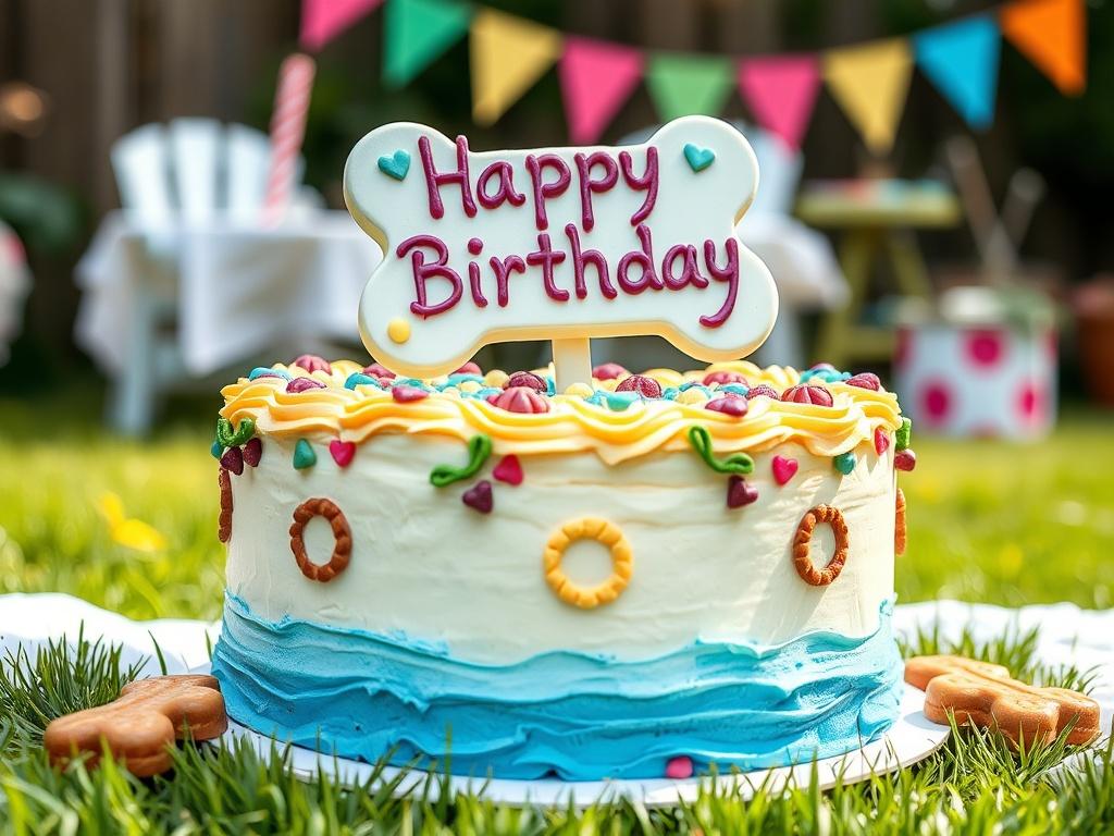 A beautifully decorated dog birthday cake, featuring a whimsical design with colorful icing and a 'Happy Birthday' bone-shaped topper. The cake is made with dog-friendly ingredients like peanut butter and carob, with a few dog treats placed around it. The setting is a cheerful backyard party scene, with soft grass and festive decorations in the background. The colors are bright and inviting, creating a joyful atmosphere for a special celebration.