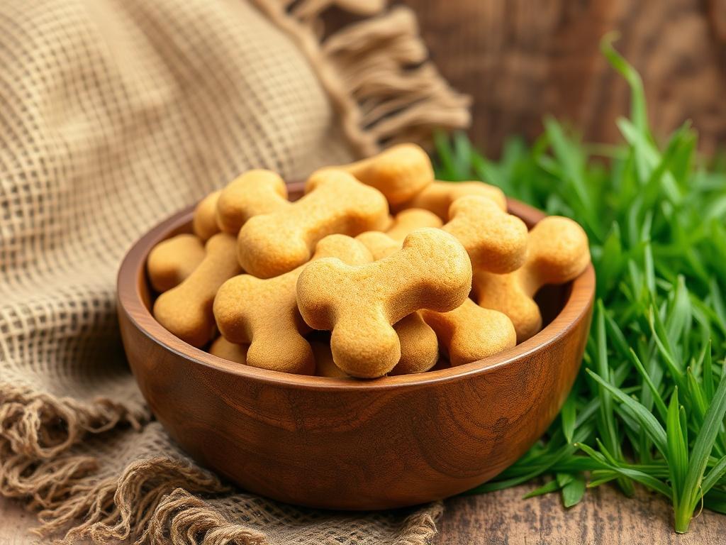 A rustic wooden bowl filled with round, golden brown dog