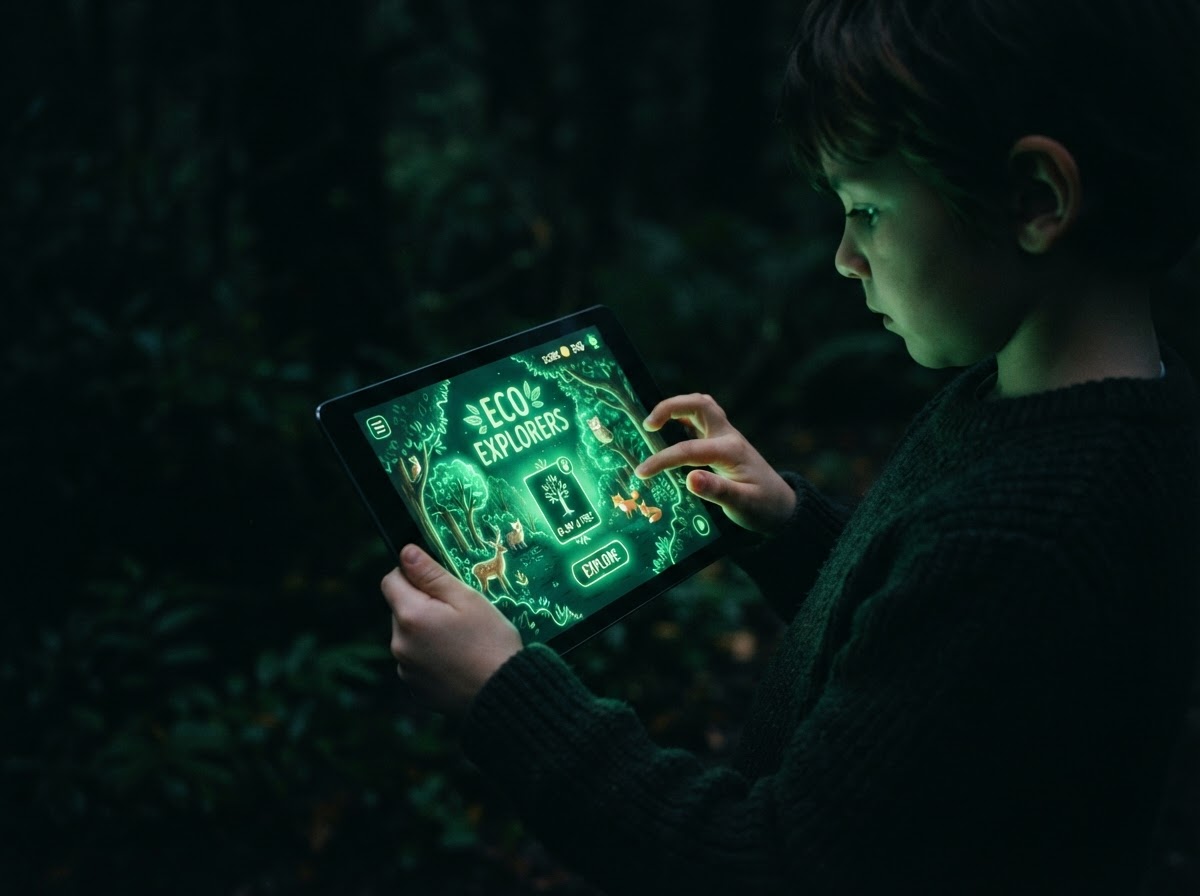 Enfant jouant à un jeu éducatif écologique sur tablette