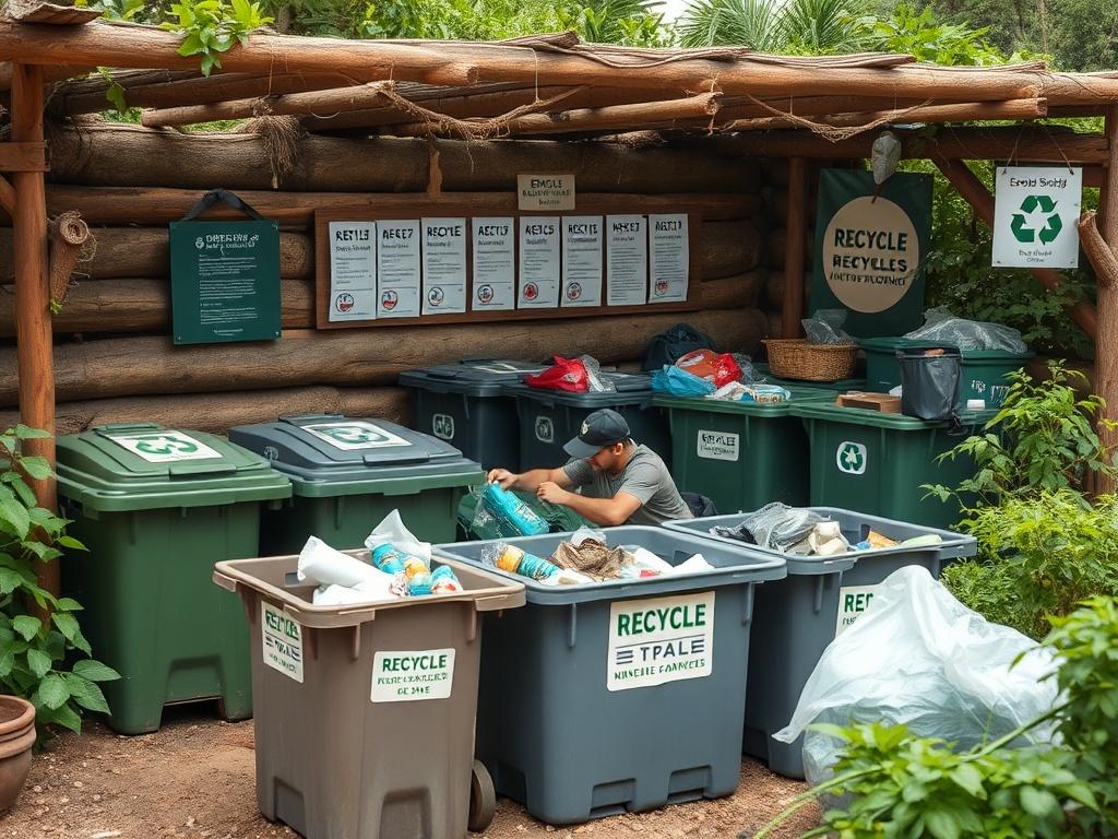 An eco friendly disposal site with clearly labeled recycling bins