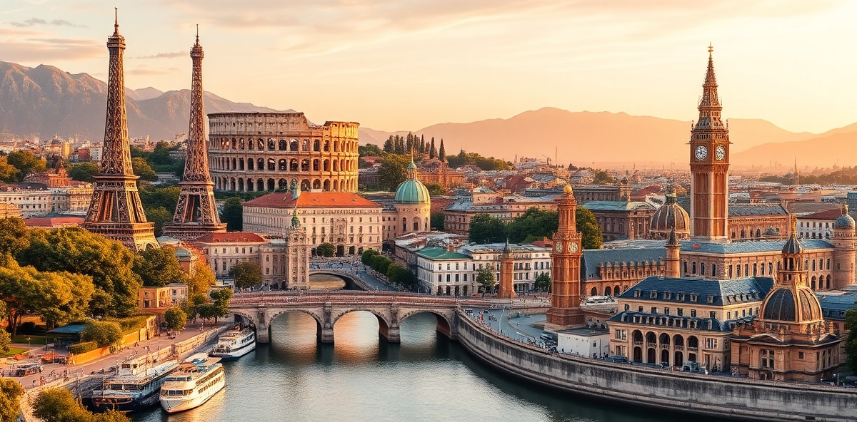 European destinations including Paris, Rome, Barcelona, and Amsterdam