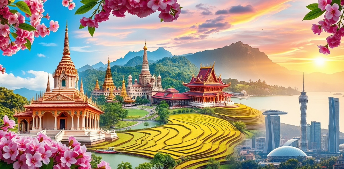 Asian destinations including Thailand, Japan, Bali, and Singapore temples and landscapes