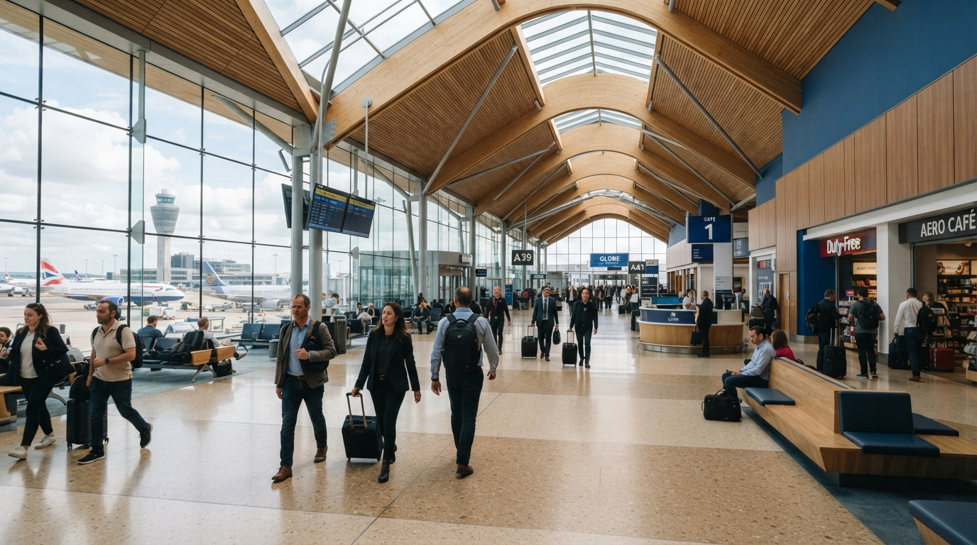 Modern airport terminal with travelers
