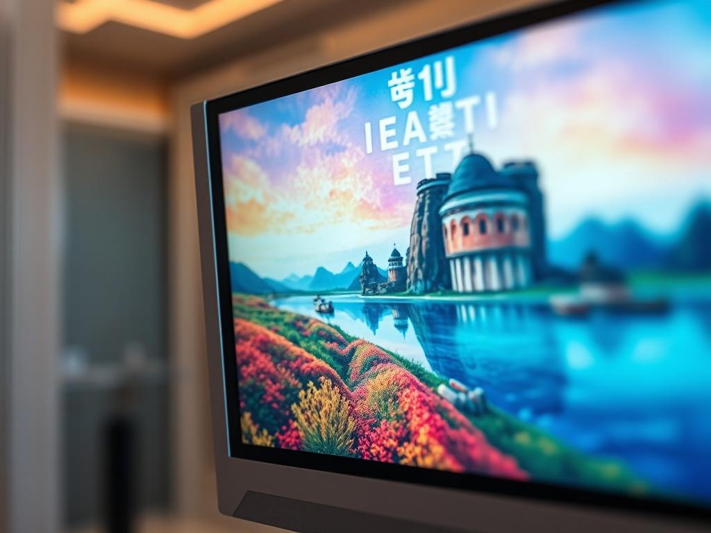 A hyper-realistic close-up of a colorful abstract landscape artwork displayed on a digital screen, with an elegant and simple background, captured with a 45mm f/1.2 lens.