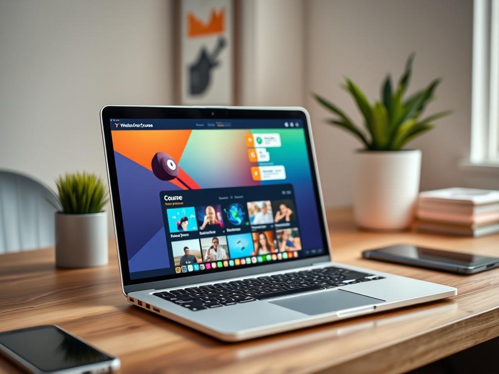 A hyper-realistic close-up of a laptop screen displaying a vibrant online course interface with engaging graphics, set against a minimalist workspace background, captured with a 45mm f/1.2 lens.