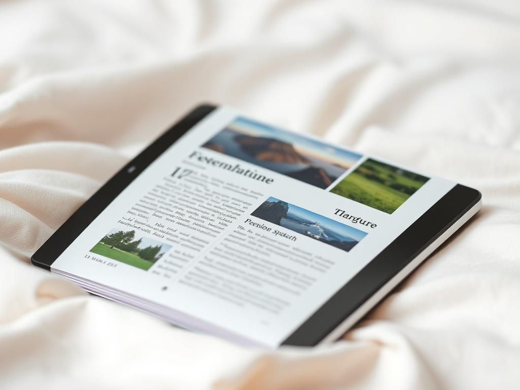 A hyper-realistic close-up of an open e-book displaying serene nature scenes on a soft, blurred background, captured with a 45mm f/1.2 lens, focusing on the text and imagery that conveys tranquility.