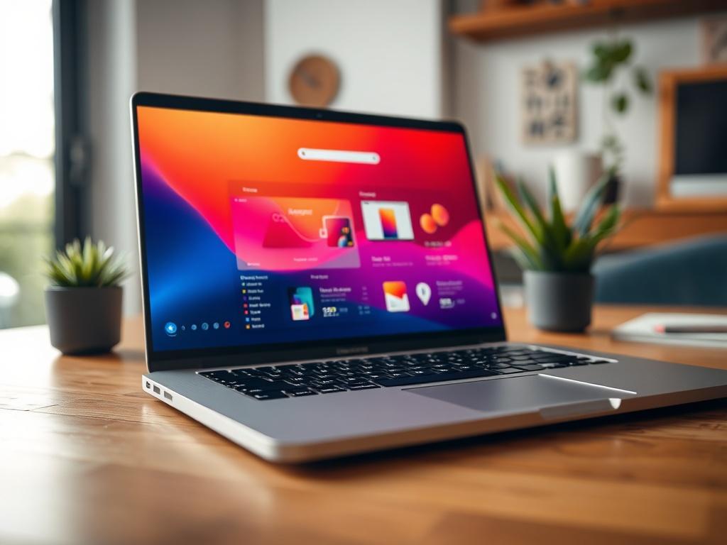 A close-up shot of an open laptop displaying a vibrant digital product, with a blurred background of a cozy workspace. The laptop screen should showcase an engaging digital interface. The image should be rendered in hyper-realistic quality, using a 45mm f/1.2 lens style, with the primary color rgb(50, 170, 39) subtly incorporated in the design.