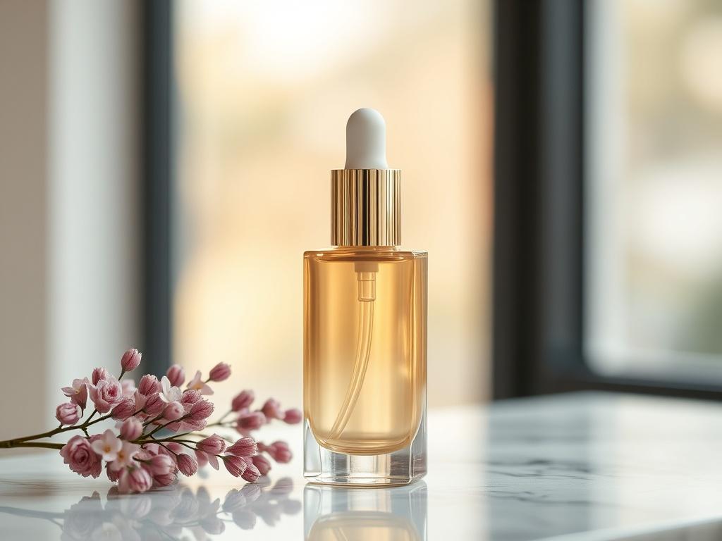 Create a hyper-realistic close-up image of a beauty product, such as a luxurious serum bottle, set against a soft, blurred natural background. The product should be the main focus, showcasing its sleek design and rich color. Utilize a 45mm f/1.2 lens style to enhance the details and create a dreamy bokeh effect. The primary color of the image should complement the brand’s palette, featuring shades of rgb(50, 170, 39). Ensure the lighting is soft and inviting, emphasizing the product's appeal.
