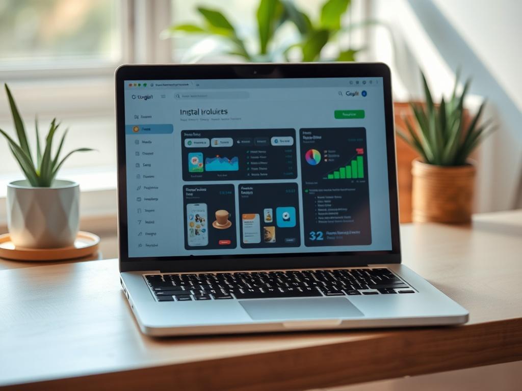 Create a high-resolution photo that embodies the theme "Unlocking the Potential of Digital Products." The composition should be simple and minimalist, featuring a single subject: a sleek, modern laptop open to a vibrant digital dashboard showcasing various digital products. The laptop should be positioned at a slight angle, allowing a clear view of the screen, while reflecting natural light to enhance the realism. 

In the background, incorporate a softly blurred workspace scene that includes a stylish desk, a few potted plants, and a warm, inviting atmosphere, all rendered in hyper-realistic detail. The color scheme should predominantly feature shades of green to tie in with the brand's primary color rgb(50, 170, 39). Ensure that the overall image conveys a sense of innovation and exploration within the digital product market, encouraging the viewer to engage with the latest trends and tips. Use a 45mm f/1.2 lens style for a beautifully focused close-up, emphasizing the laptop as the central subject while keeping the background softly out of focus.