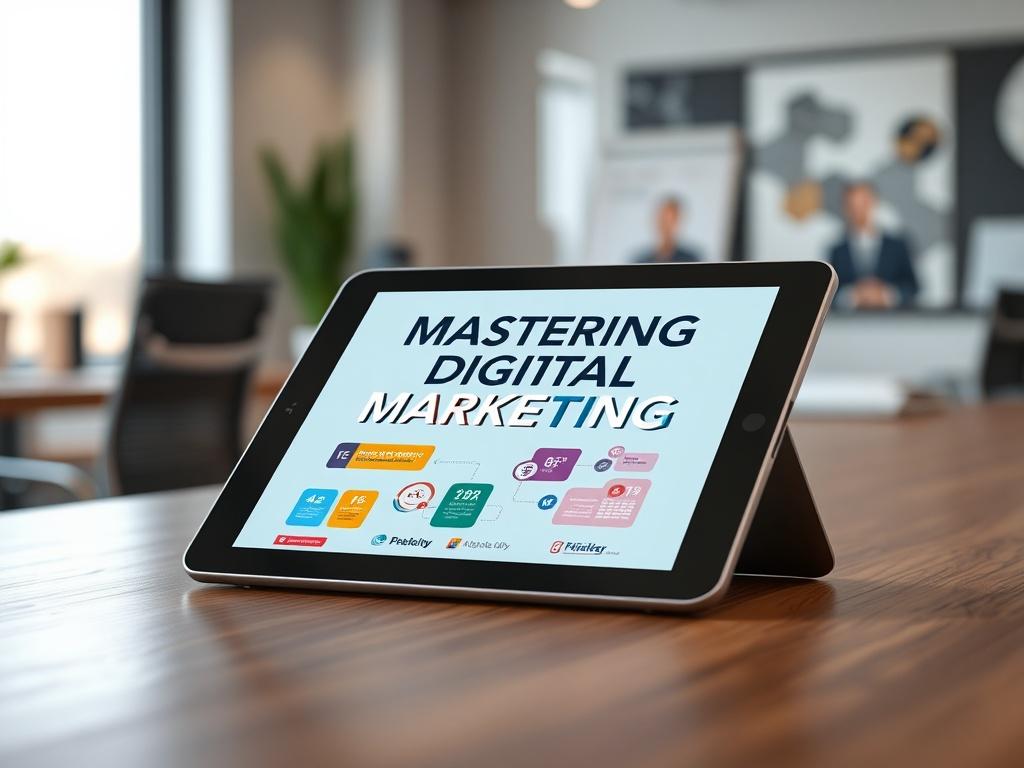 A hyper-realistic close-up shot of an e-book titled 'Mastering Digital Marketing' displayed on a sleek tablet. The tablet should be set on a wooden desk with a soft-focus background of a modern office space. The e-book cover features engaging graphics related to digital marketing, with vibrant colors complementing the primary color rgb(50, 170, 39). The composition should highlight the tablet clearly, emphasizing the e-book as the single subject in the image.