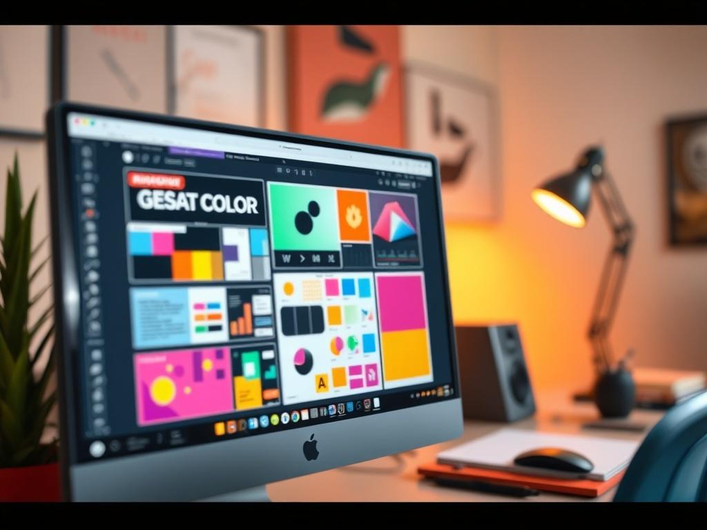A close-up shot of a computer screen displaying a vibrant graphic design project in progress. The screen shows a colorful layout featuring various design elements like typography, color palettes, and shapes. The background is a simple, uncluttered workspace with a soft-focus effect, emphasizing the screen's content. The overall color scheme should incorporate the primary color rgb(50, 170, 39) to create a cohesive look.