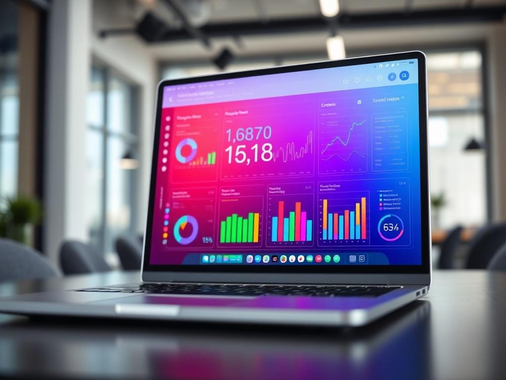 A close-up shot of a laptop screen displaying a vibrant social media dashboard. The screen shows colorful graphs and engagement metrics, reflecting real-time social media statistics. The background is a blurred office setting with soft natural light, emphasizing a professional and modern atmosphere. The image should have a hyper-realistic quality, captured with a 45mm f/1.2 lens, showcasing the details and colors vividly, primarily featuring the rgb(50, 170, 39) color scheme.