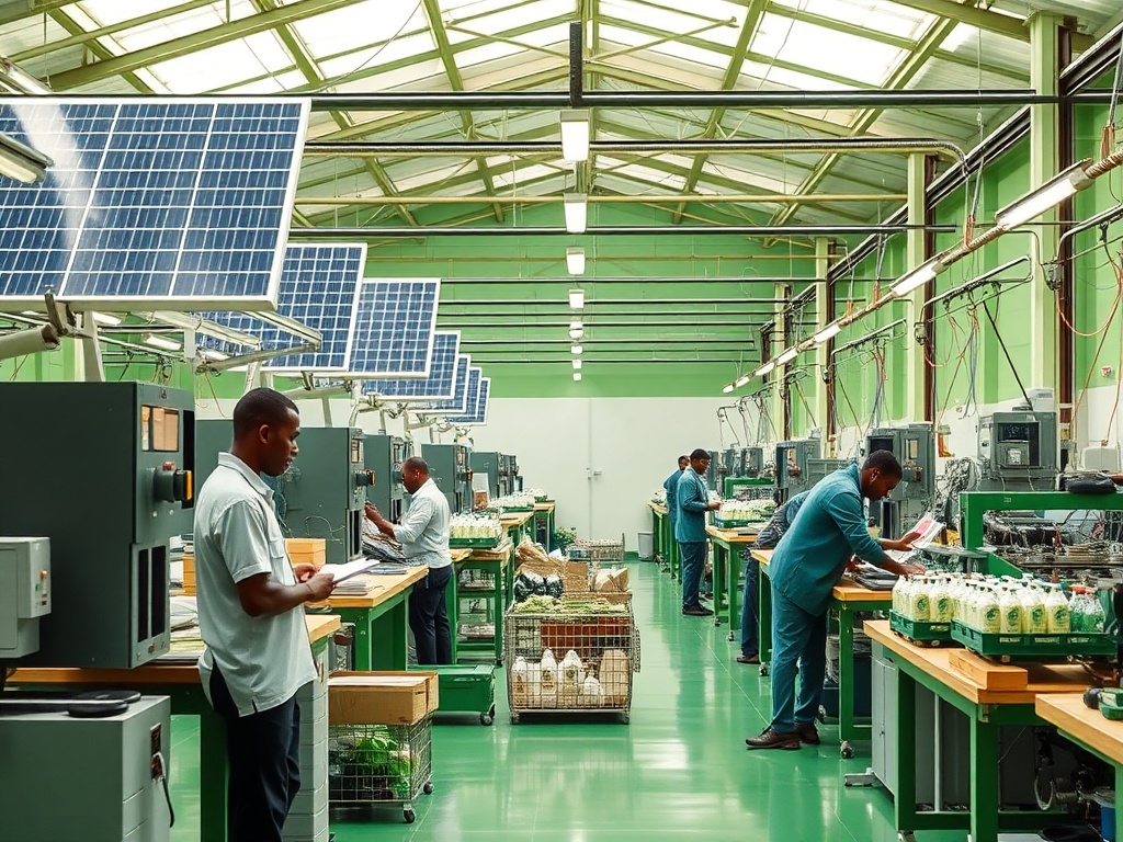 Sustainable African manufacturing facility with renewable energy and ethical practices