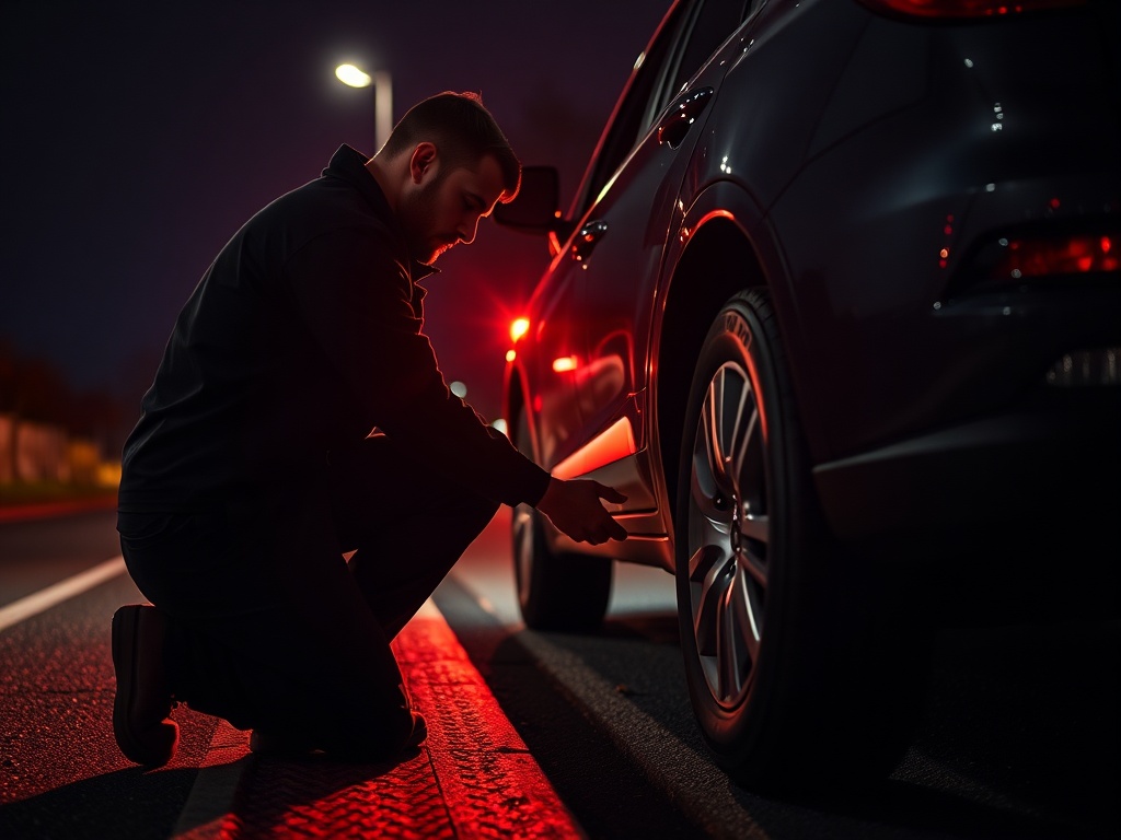 Professional technician changing a tire at night