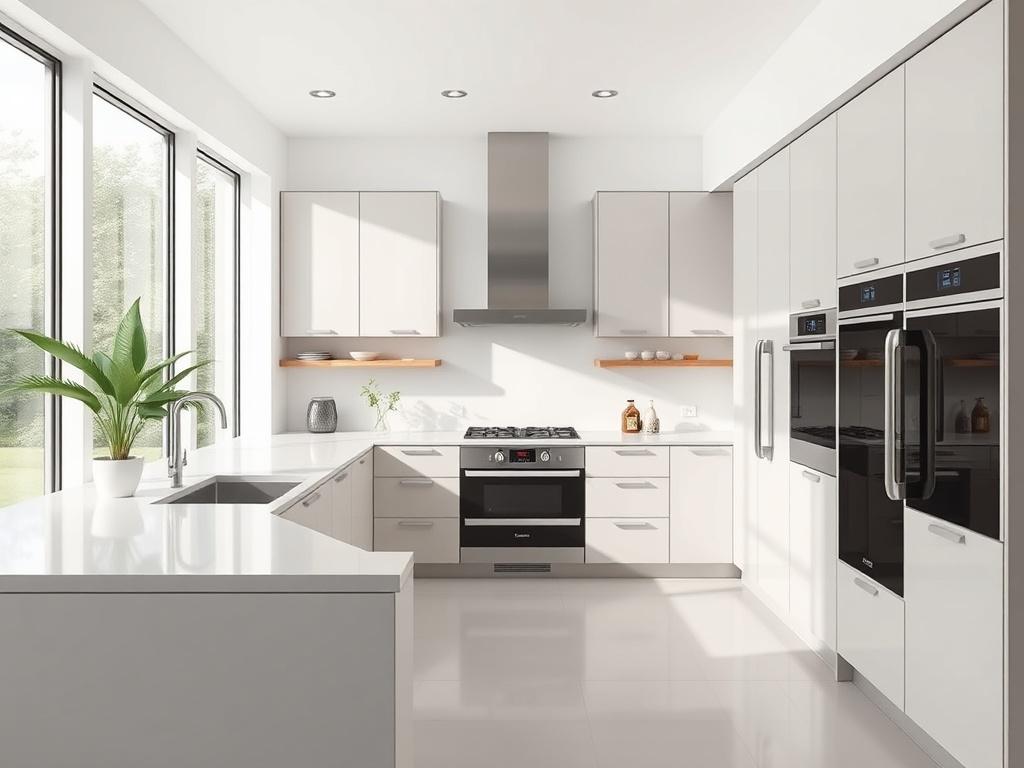 A stunning, modern kitchen featuring sleek cabinetry, high end appliances,