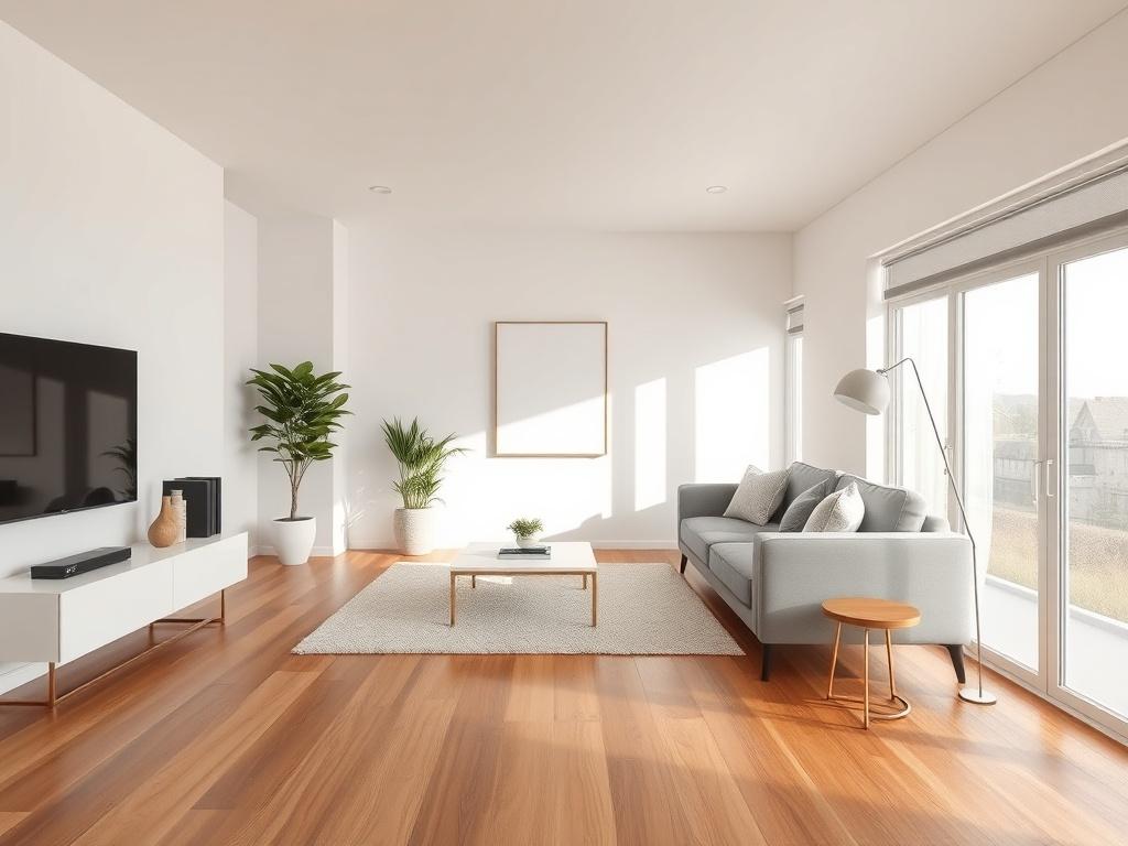 A stylish living room showcasing newly installed hardwood flooring, complemented