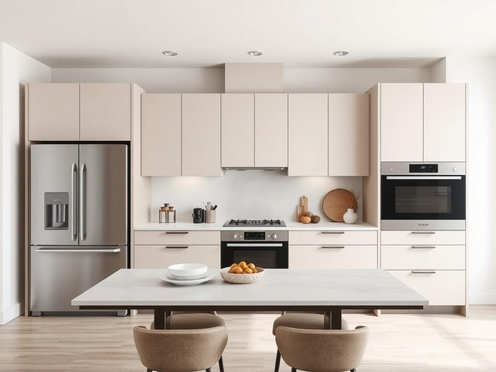 A modern kitchen featuring sleek cabinetry, high end appliances, and