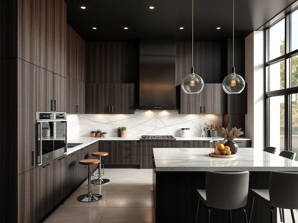 A modern luxury kitchen with sleek cabinetry, a large island with bar stools, and elegant lighting fixtures. The kitchen is bright and spacious, showcasing high-end appliances and a beautiful backsplash. The focus should be on the stunning design, with a clean and minimalist aesthetic, emphasizing the contrast between dark wood and light-colored surfaces.