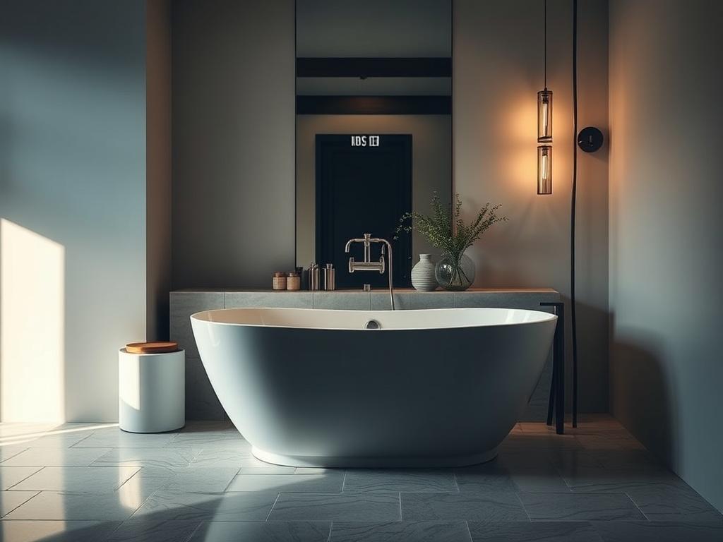 A luxurious modern bathroom featuring a freestanding soaking tub, elegant fixtures, and stylish tiles. The lighting is soft and warm, highlighting the intricate details of the tub and surrounding decor. The walls are painted in a soothing light shade, and there are tasteful accents of greenery. The overall composition is clean and inviting, showcasing the beauty of the space without any clutter.