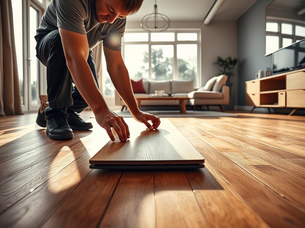 A professional installer carefully laying down elegant hardwood flooring in a modern living room. The room features bright natural light streaming through large windows, highlighting the rich texture of the wood. There are minimalistic furniture pieces in the background, complementing the luxurious feel of the space. The composition focuses on the installer’s hands showcasing attention to detail, with a clean and inviting atmosphere.