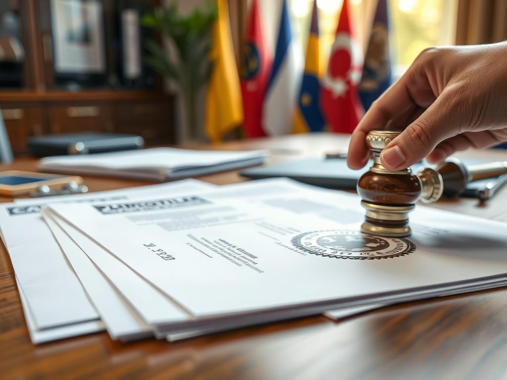 A close up shot of official documents being stamped with