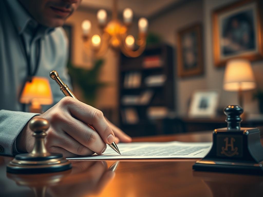 A close up shot of a professional notary signing documents