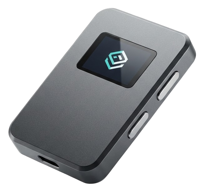 Illustrative graphite hardware wallet concept, angled to show its screen and tactile design