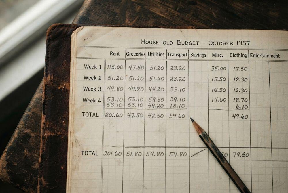 Close-up of a handwritten household budget worksheet with penciled columns of dollar amounts