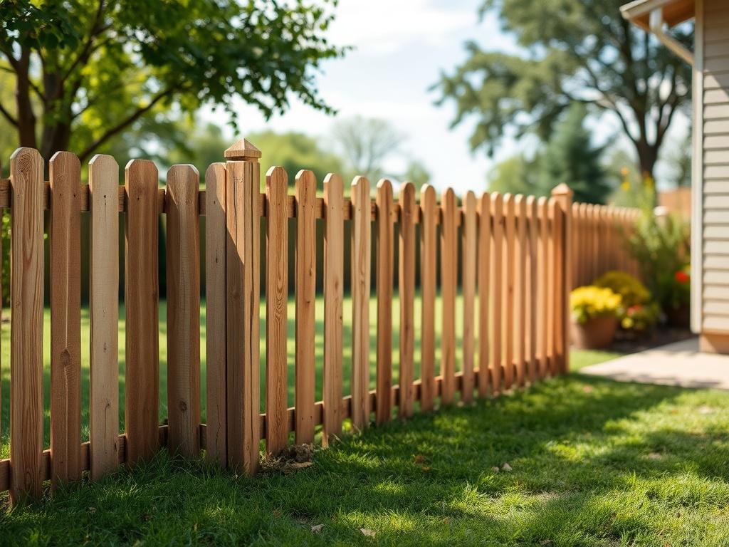 A well-maintained backyard with a wooden fence, showcasing the fence's sturdy construction and natural wood tones, surrounded by green grass and trees. The image should have a clear sky and soft lighting, highlighting the beauty of a handcrafted wooden fence. Composition should be simple, focusing on one section of the fence with a blurred background of the garden, evoking a sense of tranquility and security.