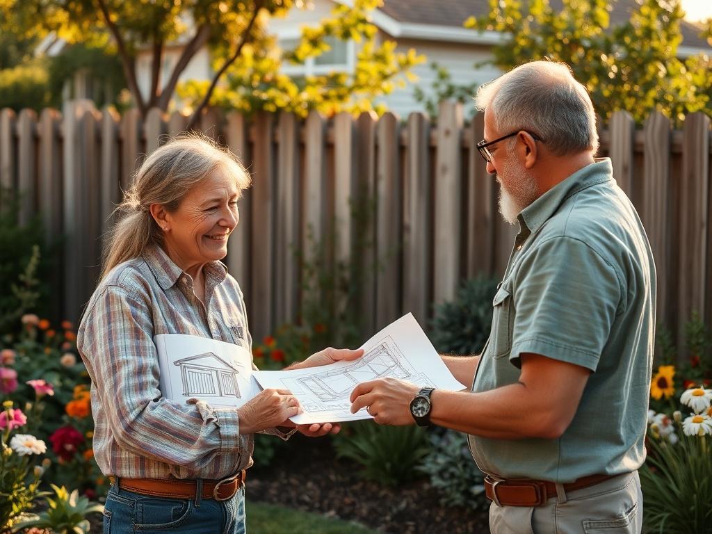 A friendly fencing consultant discussing plans with a homeowner in their backyard, pointing at a design sketch for a new wooden fence. The backyard is vibrant with flowers and greenery, and the sun casts a warm glow on the scene. The image should emphasize collaboration and creativity, showcasing the personalized service offered by Fencester.
