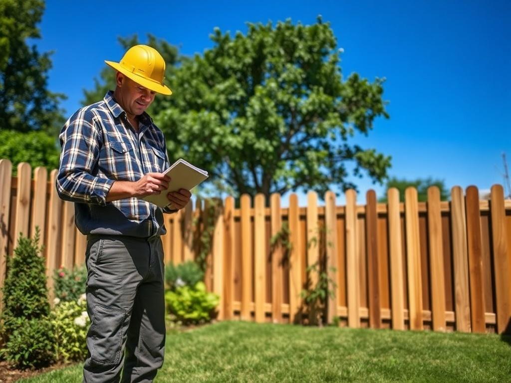 A professional fencing expert measuring a backyard space for a new wooden fence installation, surrounded by lush greenery and a clear blue sky. The expert is holding a measuring tape and taking notes, with a focus on the area designated for the fence. The image should convey professionalism and attention to detail, showcasing the care taken in planning the fence project.