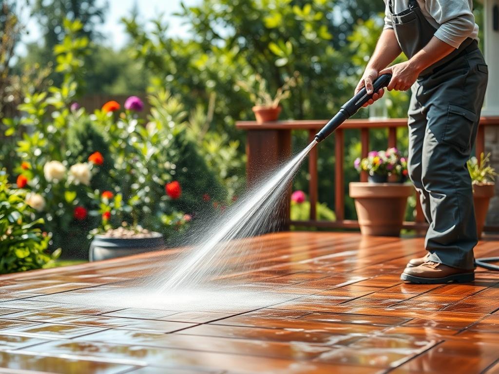 A high-resolution photo of a professional pressure washing service in action. The image should show a worker using a pressure washer on a wooden deck, with water spray creating a mist effect. The background should feature a well-maintained garden with lush greenery and flowers, emphasizing the cleanliness and freshness of the outdoor space. The overall composition should be bright and inviting, capturing the essence of a clean, revitalized surface.