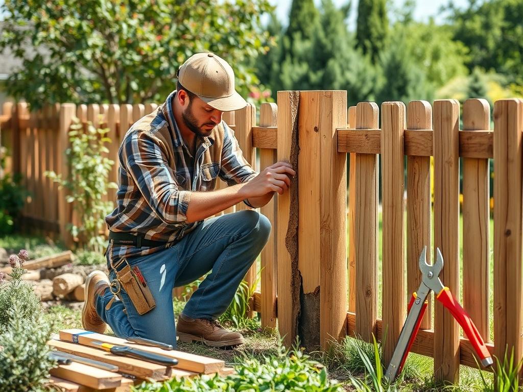 A skilled worker removing a damaged wooden fence post in