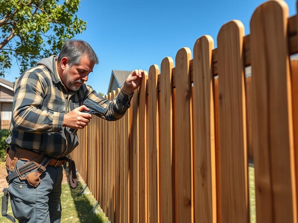 A focused professional adjusting a leaning wooden fence, with tools