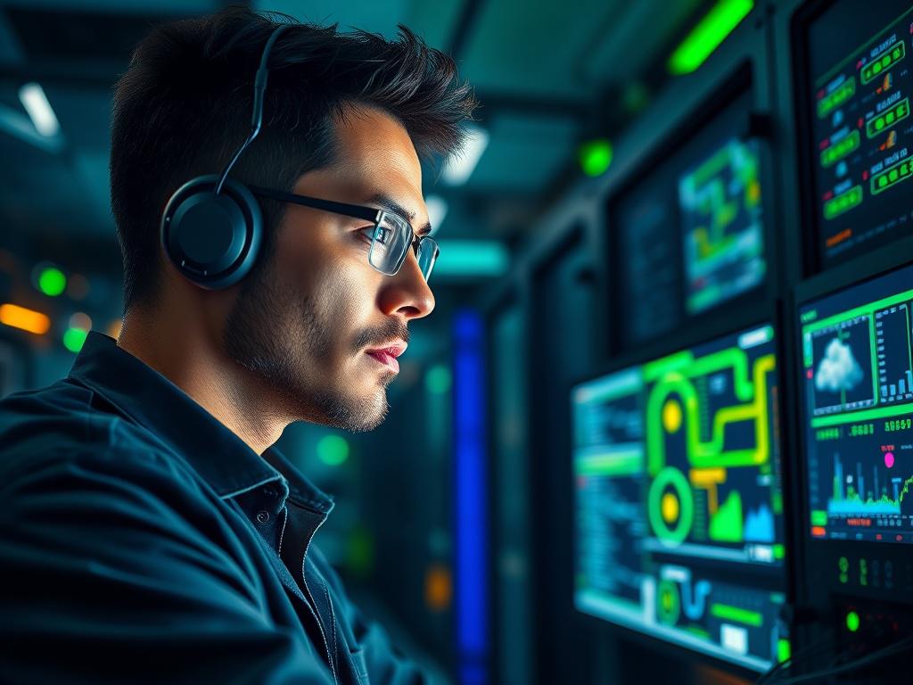 A close up, hyper realistic of a technician managing cloud