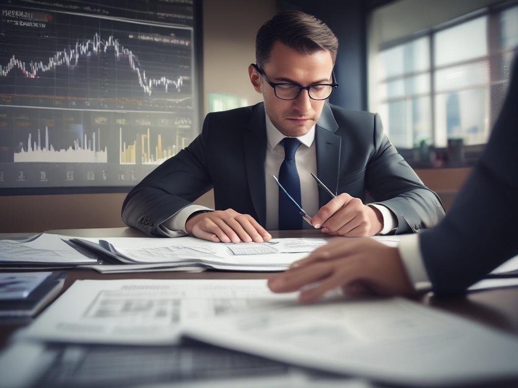 A close up shot of a confident investor reviewing documents,
