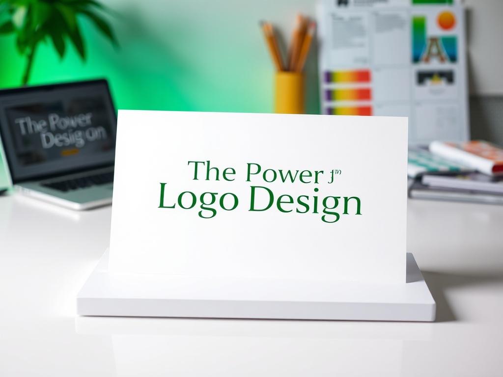 Create a realistic high-resolution photo that embodies the essence of a blog titled "The Power of Logo Design." Focus on a single subject: a beautifully designed logo on a clean, white background. The logo should feature a combination of elegant fonts and vibrant colors, highlighting its unique and professional appearance. 

In the foreground, display the logo prominently on a sleek, modern branding board, which rests on a crisp white surface. The board should reflect subtle shadows to add depth while maint